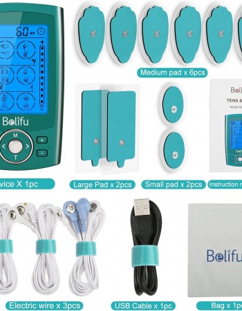 Belifu Dual Channel TENS EMS Unit 24 Modes Muscle Stimulator for Pain Relief Therapy, Electronic Pulse Massager Muscle Massager with 10 Pads, Dust-Proof Drawstring Storage Bag, Fastening Cable Ties